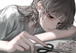Rule 34 | 1girl, absurdres, arm rest, black eyes, closed mouth, grey hair, grey theme, highres, leaning on object, limited palette, lips, long eyelashes, medium hair, nose, original, red pupils, robe, scissors, short hair, short sleeves, solo, tayumeru, upper body, white background, white robe