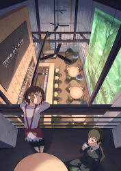 Rule 34 | 1boy, 1girl, against railing, apron, black jacket, black pants, black skirt, brown eyes, brown hair, cafe, ceiling fan, ceiling light, chair, closed mouth, collared shirt, commentary request, cup, eve no jikan, formal, from above, glasses, green eyes, highres, holding, holding cup, indoors, jacket, against railing, light smile, muji (uimss), nagi (eve no jikan), necktie, pants, railing, red apron, red necktie, sakisaka rikuo, shirt, short hair, sitting, skirt, suit, suit jacket, table, teacup, white shirt