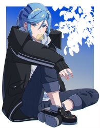 Rule 34 | 1boy, alternate costume, black footwear, black jacket, blue hair, border, blowing bubbles, capri pants, chewing gum, commentary request, creatures (company), eyelashes, full body, game freak, grusha (pokemon), high collar, highres, jacket, long sleeves, looking at viewer, male focus, mocacoffee 1001, nintendo, outside border, pants, pokemon, pokemon sv, shoes, short hair, signature, sitting, sleeves past wrists, solo, white border, zipper