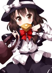 Rule 34 | 1girl, bag, belt, black belt, black capelet, black hat, black skirt, bow, bowtie, bread, bread slice, brown bag, brown eyes, brown hair, buttons, capelet, collared shirt, covered mouth, cowboy shot, eating, fedora, food, hair bow, hat, hat bow, highres, holding, holding bag, holding food, looking at viewer, medium hair, red bow, red bowtie, ribbon, ribbon-trimmed capelet, ribbon-trimmed skirt, ribbon trim, ruu (tksymkw), shirt, shoulder bag, side ponytail, simple background, skirt, solo, standing, sweat, toast, touhou, usami renko, watch, white background, white bow, white ribbon, white shirt