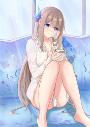 Rule 34 | 1girl, absurdres, bare legs, blue eyes, breasts, character name, cleavage, coach, collarbone, cup, hair ribbon, highres, hiroshi (2443303124), holding, holding cup, lexington (warship girls r), long hair, looking at viewer, medium breasts, panties, platinum blonde hair, ribbon, shirt, sitting, solo, spread legs, underwear, warship girls r, white panties, white shirt