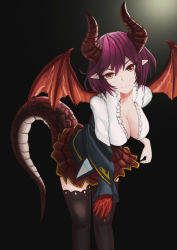 Rule 34 | 1girl, apoile (mimskai), black background, black thighhighs, breasts, cleavage, collarbone, commentary request, dragon girl, dragon horns, dragon tail, dragon wings, granblue fantasy, grea (shingeki no bahamut), hair between eyes, hanging breasts, head tilt, highres, horns, large breasts, leaning forward, pleated skirt, purple hair, red eyes, red skirt, school uniform, shingeki no bahamut, shirt, short hair, skirt, slit pupils, smile, solo, tail, thighhighs, white shirt, wings, zettai ryouiki