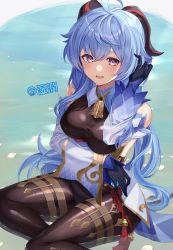 Rule 34 | 1girl, absurdres, ahoge, arm under breasts, bare shoulders, bell, black gloves, black leotard, black pantyhose, blue hair, blush, breasts, cowbell, detached sleeves, ganyu (genshin impact), genshin impact, gloves, hand in own hair, highres, horns, kurousagi yuu, large breasts, leotard, leotard under clothes, long hair, long sleeves, looking at viewer, neck bell, pantyhose, petals, purple eyes, see-through, shallow water, sitting, smile, solo, thighlet, very long hair, water, wet, wet clothes, yokozuwari