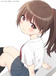 Rule 34 | 1girl, :t, arm support, blush, brown eyes, brown hair, highres, long hair, looking at viewer, necktie, original, ponytail, pout, school uniform, sitting, solo, uramakaron, white background