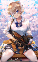 Rule 34 | &gt;:), 1girl, black-framed eyewear, black skirt, blonde hair, blue bow, blue bowtie, blue eyes, book, bow, bowtie, breasts, brown cardigan, brown gloves, bullet, bullpup, cardigan, cardigan around waist, cartridge, cleavage, closed mouth, clothes around waist, collarbone, collared shirt, commentary request, desk, dress shirt, eraser, glasses, gloves, gun, hair bow, head tilt, highres, holding, holding gun, holding weapon, horizontal magazine, itou (onsoku tassha), large breasts, long sleeves, looking at viewer, miniskirt, on desk, original, p90, paper, pen, personal defense weapon, petals, pleated skirt, school desk, school uniform, see-through, shirt, short hair, short ponytail, sitting, skirt, sleeves rolled up, smile, solo, submachine gun, thighhighs, translucent, weapon, white bow, white shirt, white thighhighs, wing collar, zettai ryouiki