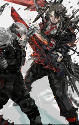 Rule 34 | 1boy, 1girl, arknights, battle, beard, black border, black pants, black shirt, border, brown hair, bulletproof vest, chain, claws, closed mouth, collared shirt, commentary, debris, dragon horns, duel, english commentary, facial hair, glaring, grey background, highres, horns, jesselton williams (arknights), knife, legs apart, long hair, looking at another, material growth, necktie, nslacka, official alternate costume, open mouth, orange eyes, originium arts (arknights), oripathy lesion (arknights), pants, profile, red neckwear, saria (arknights), saria (the law) (arknights), scar, scar on face, scar on nose, shirt, silver hair, sleeves rolled up, standing, tactical clothes, walkie-talkie