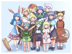 Rule 34 | 6+girls, aki minoriko, animal ears, antennae, aqua hair, barefoot, bell, black cape, black dress, black footwear, black shirt, black shorts, blonde hair, blue capelet, blue dress, blue hair, border, brown dress, brown eyes, brown footwear, brown ribbon, butterfly wings, cape, capelet, cat ears, closed eyes, closed mouth, collared shirt, crop top, dress, earclip, ebisu eika, eternity larva, fairy, fins, food, fruit, fruit hat ornament, full body, goutokuji mike, grape hat ornament, grapes, green dress, green eyes, green hair, green kimono, grey hair, hair ribbon, hat, hat ornament, head fins, holding, insect wings, japanese clothes, jingle bell, kimono, kine, kurodani yamame, leaf, leaf on head, letty whiterock, light purple hair, long hair, long sleeves, mallet, mob cap, mouse ears, mouse tail, multicolored clothes, multicolored dress, multicolored hair, multiple girls, nazrin, open mouth, outstretched arms, puffy short sleeves, puffy sleeves, rabbit ears, rangycrow, red eyes, red headwear, red ribbon, ribbon, rumia, seiran (touhou), shirt, shoes, short hair, short sleeves, shorts, smile, socks, spread arms, streaked hair, tail, touhou, wakasagihime, white border, white headwear, white shirt, wings, wriggle nightbug, yellow shirt