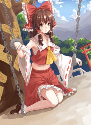 Rule 34 | 1girl, altar, armpits, ascot, bobby socks, bow, brown eyes, brown footwear, brown hair, chain, cloud, cuffs, detached sleeves, dutch angle, hair bow, hair tubes, hakurei reimu, highres, japanese clothes, kneeling, long hair, lujang, mary janes, midriff, miko, mountain, navel, nontraditional miko, ofuda, outdoors, red bow, restrained, sarashi, shackles, shoes, sidelocks, skirt, sky, socks, solo, tank top, torii, touhou, tree, white socks, wide sleeves, yellow ascot