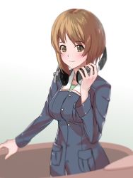 Rule 34 | 1girl, blush, breasts, brown eyes, brown hair, downscaled, girls und panzer, gradient background, headphones, looking at viewer, md5 mismatch, medium breasts, morino (harpoomoss), nishizumi miho, ooarai military uniform, resized, short hair, smile, solo, standing