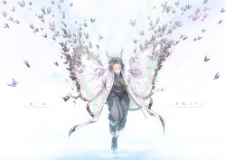 Rule 34 | 1girl, absurdres, animal print, bad id, bad pixiv id, black footwear, black hair, black pants, blue butterfly, bug, butterfly, butterfly hair ornament, butterfly print, closed eyes, closed mouth, dissolving clothes, facing viewer, flip-flops, floating, full body, hair ornament, haori, highres, insect, japanese clothes, kimetsu no yaiba, kochou shinobu, long sleeves, multicolored hair, pants, parted bangs, purple butterfly, purple hair, ripples, sandals, servati, sleeves past fingers, sleeves past wrists, smile, solo, sword, tabi, two-tone hair, uniform, water, weapon, white background