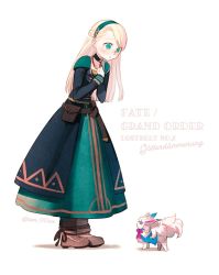 Rule 34 | 1girl, belt, blonde hair, copyright name, dress, fate/grand order, fate (series), fou (fate), gerda (fate), green eyes, hairband, hand on own chest, jewelry, long dress, looking down, necklace, pouch, taa (acid)