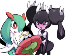 Rule 34 | black hair, blue eyes, bright pupils, creatures (company), flabebe, flabebe (red flower), game freak, gen 3 pokemon, gen 5 pokemon, gen 6 pokemon, gothorita, green hair, kirlia, nintendo, pokemon, pokemon (creature), puckered lips, red eyes, sho-n-d, white background