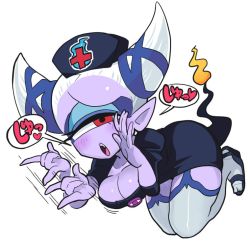 Rule 34 | 10s, 1girl, blue tongue, blush, breasts, cleavage, colored skin, cyclops, fellatio gesture, fuumin (youkai watch), gashi-gashi, gesture, large breasts, monster girl, nurse, nurse cosplay, one-eyed, open mouth, pink eyes, pointy ears, purple skin, sexually suggestive, sharp teeth, solo, teeth, traditional youkai, youkai watch