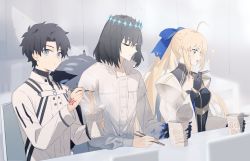 Rule 34 | 1girl, 2boys, ahoge, artoria caster (fate), artoria caster (third ascension) (fate), artoria pendragon (fate), black gloves, black hair, black shirt, blonde hair, blouse, blue bow, blue eyes, bow, buttons, chair, chopsticks, closed eyes, clothing cutout, command spell, commentary, diamond hairband, dress, eating, facial mark, fate/grand order, fate (series), food, forehead mark, fujimaru ritsuka (male), fujimaru ritsuka (male) (decisive battle chaldea uniform), gloves, green eyes, hair bow, hair ornament, highres, holding, holding chopsticks, indoors, insect wings, jacket, long hair, long sleeves, looking at another, multiple boys, ninjin (ne f g o), nissin cup noodle, noodles, oberon (fate), oberon (third ascension) (fate), open mouth, shirt, short hair, sitting, spoilers, table, very long hair, white dress, white jacket, white shirt, wide sleeves, wings