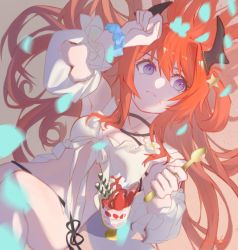Rule 34 | 1girl, arknights, arm up, bikini, female focus, food, highres, holding, holding spoon, horns, ice cream, long hair, looking at viewer, no navel, purple eyes, red hair, solo, spoon, stomach, surtr (arknights), surtr (colorful wonderland) (arknights), swimsuit, upper body, very long hair, wubing sigh dashi