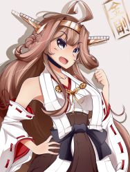 Rule 34 | 10s, 1girl, absurdres, ahoge, blush, breasts, brown hair, collarbone, double bun, hairband, hand on own hip, highres, kanachirou, kantai collection, kongou (kancolle), kongou kai ni (kancolle), large breasts, long hair, looking at viewer, nontraditional miko, open mouth, purple eyes, smile, solo, upper body