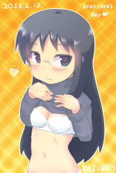 Rule 34 | 1girl, bad id, bad pixiv id, black eyes, black hair, blush, bra, breasts, cleavage, clothes lift, glasses, groin, heart, heart-shaped pupils, highres, hip focus, kazuboh, light smile, long hair, long sleeves, minakami mai, navel, nichijou, no pants, panties, plaid, plaid background, shirt lift, small breasts, solo, sweater, symbol-shaped pupils, underwear, yellow background