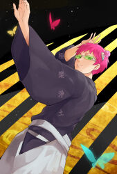Rule 34 | 1boy, arm up, black kimono, blue butterfly, bug, butterfly, closed mouth, from below, green-tinted eyewear, green eyes, hakama, headpiece, highres, insect, japanese clothes, kimono, light particles, male focus, outstretched arm, pink hair, red butterfly, rohi (luzi), saiki kusuo, saiki kusuo no psi nan, short hair, solo, tinted eyewear, translation request, wide sleeves, yellow butterfly