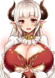 Rule 34 | 10s, 1girl, :d, alicia (granblue fantasy), bad id, bad twitter id, blush, breasts, center opening, cleavage, cross, cross earrings, draph, dress, earrings, gloves, granblue fantasy, horns, huge breasts, jewelry, kurokawa otogi, long hair, looking at viewer, mature female, open mouth, otogi (s in w), paizuri invitation, pointy ears, red dress, red eyes, silver hair, smile, solo, white gloves