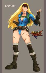 Rule 34 | 1girl, alternate costume, alternate hairstyle, antenna hair, artist request, belt, breasts, cammy white, cleavage, clenched hand, dated, fighting stance, fingerless gloves, gloves, goggles, goggles on head, hair down, highleg, highleg leotard, leotard, long sleeves, scar, solo, street fighter, street fighter v, unzipped