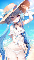 Rule 34 | 1girl, absurdres, arm up, bare shoulders, bikini, blue bow, blue hair, blue sky, bow, bracelet, breasts, brown hat, cleavage, cloud, commentary request, day, frilled bikini, frills, griseo, hat, hat bow, highres, honkai (series), honkai impact 3rd, horizon, jehyun, jewelry, long hair, looking at viewer, ocean, outdoors, parted lips, pearl bracelet, purple eyes, sky, small breasts, solo, straw hat, swimsuit, very long hair, water