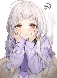 Rule 34 | 1girl, ahoge, arched bangs, blush, brown eyes, cardigan, closed mouth, commentary request, grey hair, hands on own face, head rest, highres, hololive, iruka3, long hair, long sleeves, looking at viewer, lying, murasaki shion, necktie, on stomach, pout, pov, pov hands, purple cardigan, purple necktie, purple skirt, simple background, skirt, socks, solo focus, squiggle, virtual youtuber, white background, white socks