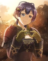 1girl, armor, bangs, bernadetta von varley, bow, commentary request, earrings, fingers together, fire emblem, fire emblem: three houses, gloves, grey eyes, hair bow, hair ornament, jewelry, long sleeves, nintendo, outdoors, pochi (furaigonn), purple hair, short hair, short hair with long locks, shoulder armor, smile, solo, tree, twitter username, upper body, yellow gloves