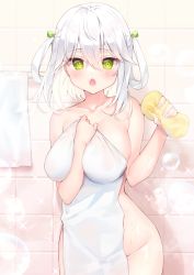 Rule 34 | 1girl, bathroom, breasts, bubble, chihiro (khorosho), collarbone, covering privates, fingernails, green eyes, green ribbon, hair between eyes, hair ribbon, holding, holding towel, indoors, large breasts, naked towel, nude cover, open mouth, original, ribbon, short hair, solo, sponge, tile wall, tiles, towel, towel rack, white hair, white towel