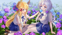 Rule 34 | 2girls, alternate costume, azur lane, blonde hair, blue bow, blue bowtie, blue skirt, bow, bowtie, breasts, brown footwear, brown pantyhose, collar, collared shirt, floral background, flower, hair flower, hair ornament, hairclip, highres, holding, holding flower, illustrious (azur lane), large breasts, loafers, long hair, looking at another, mole, mole under eye, multiple girls, open mouth, paint musume, pantyhose, pleated skirt, purple flower, red flower, school uniform, see-through, shirt, shoes, short sleeves, sitting, skirt, smile, victorious (azur lane), white collar, white hair, white shirt