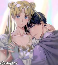 Rule 34 | 1boy, 1girl, artist name, bishoujo senshi sailor moon, black hair, blonde hair, blue eyes, breasts, cleavage, collarbone, crescent, crescent facial mark, double bun, dress, earrings, endymion, facial mark, gearous, gloves, grey gloves, hair bun, hair ornament, holding hands, interlocked fingers, jewelry, light smile, long hair, looking at viewer, princess serenity, sleeveless, sleeveless dress, small breasts, twintails, upper body, white dress