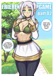 Rule 34 | 1girl, alternate breast size, bikini, bikini top only, black pantyhose, blue sky, breasts, capelet, closed mouth, commentary, day, earrings, elf, english commentary, english text, frieren, green bikini, green eyes, grey hair, jewelry, medium breasts, mixed-language commentary, outdoors, pantyhose, pointy ears, redjet, skirt, sky, solo, sousou no frieren, speech bubble, swimsuit, tree, twintails, white capelet, white skirt