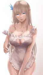 Rule 34 | 1girl, apron, bad id, bad pixiv id, bare shoulders, blonde hair, blue eyes, blue nails, blush, braid, breasts, cleavage, closed mouth, clothing cutout, collarbone, commentary request, covered erect nipples, frilled apron, frills, hair ornament, heart cutout, highres, jewelry, large breasts, lexington (warship girls r), long hair, looking at viewer, mixing, nail polish, naked apron, necklace, platinum blonde hair, revision, rifu (643763873), simple background, solo, strapless, warship girls r, whipping, white apron, white background