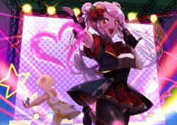 Rule 34 | 2girls, black gloves, breasts, collar, fingerless gloves, frills, gloves, hair ornament, hair ribbon, heart, holding, holding microphone, idol, idol clothes, long hair, looking at viewer, masiro, medium breasts, microphone, multiple girls, music, open mouth, overlord (maruyama), pink hair, red eyes, red ribbon, red skirt, ribbon, shalltear bloodfallen, sharp teeth, short sleeves, singing, skirt, smile, solo focus, stage, stage lights, star (symbol), teeth, thighhighs, twintails, upper teeth only