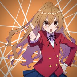 Rule 34 | 1girl, aisaka taiga, black ribbon, blazer, blue skirt, buttons, collared shirt, commentary request, cowboy shot, double-breasted, hair between eyes, highres, jacket, light blush, long hair, long sleeves, multicolored background, neck ribbon, open mouth, pointing, pointing at viewer, red eyes, red jacket, ribbon, shirt, skirt, solo, toradora!, white shirt