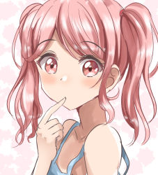 Rule 34 | 1girl, bang dream!, bare shoulders, blue camisole, blush, camisole, closed mouth, collarbone, commentary request, finger to mouth, hair tie, long hair, looking at viewer, maruyama aya, red eyes, red hair, sidelocks, sin (sin52y), solo, twintails, upper body