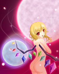 Rule 34 | 1girl, ass, blonde hair, blush, fang, female focus, flandre scarlet, flat chest, gradient background, highres, nude, outdoors, red eyes, short hair, sky, solo, tengeiji, touhou, wings