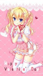 Rule 34 | 1girl, :q, blonde hair, blue eyes, blush, bow, box, center frills, closed mouth, company name, eyes visible through hair, foot out of frame, frilled skirt, frilled sleeves, frilled wrist cuffs, frills, gift, hair between eyes, hair ornament, hands up, happy valentine, heart, heart-shaped box, heart hair ornament, highres, holding, holding gift, kin-iro loveriche, kisaki reina, kneeling, long hair, looking at viewer, mary janes, official art, official wallpaper, orange bow, pink background, pink footwear, pink skirt, pink wrist cuffs, plaid, plaid skirt, pom pom (clothes), pom pom hair ornament, puffy short sleeves, puffy sleeves, red bow, shirt, shoes, short sleeves, simple background, skirt, smile, solo, thighhighs, tongue, tongue out, toranosuke, twintails, two-tone skirt, valentine, wavy hair, white shirt, white skirt, white thighhighs, wrist cuffs, zettai ryouiki