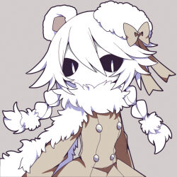 Rule 34 | 1girl, animal ears, bear ears, bear girl, black sclera, braid, coat, colored sclera, colored skin, funamusea, funamusea (style), fur-trimmed coat, fur hat, fur trim, grey background, hair between eyes, hashtag-only commentary, hat, hat ribbon, highres, ice scream, long sleeves, looking at viewer, no mouth, no nose, official style, ribbon, rocma (funamusea), sidelocks, simple background, solo, twin braids, white eyes, white hair, white skin, x c om