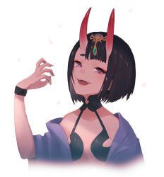 Rule 34 | 1girl, :d, black hair, breasts, collarbone, commentary request, fangs, fate/grand order, fate (series), hand up, highres, japanese clothes, kimono, looking at viewer, off shoulder, open clothes, open kimono, open mouth, petals, purple eyes, purple kimono, short hair, shuten douji (fate), simple background, small breasts, smile, solo, thick eyebrows, white background, yoo (tabi no shiori)