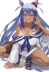 Rule 34 | 1girl, animal ears, bare shoulders, blue footwear, blue hair, blush, breasts, cleavage, collarbone, commentary request, ear ornament, fang, hair between eyes, highres, hishi amazon (umamusume), horse ears, horse girl, large breasts, long hair, off-shoulder shirt, off shoulder, open mouth, plaster (2501), red eyes, red scrunchie, scrunchie, shirt, shoes, simple background, solo, squatting, tan, tanline, thigh strap, umamusume, very long hair, white background, white shirt