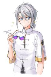 Rule 34 | 1boy, bishounen, blue eyes, chinese clothes, closed mouth, cropped torso, dated, fate/grand order, fate (series), fon-due (fonfon), grey hair, hair between eyes, holding, holding removed eyewear, male focus, prince of lan ling (fate), purple-tinted eyewear, shirt, short hair, short sleeves, smile, solo, sparkle, tinted eyewear, unworn eyewear, white background, white shirt