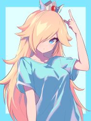 Rule 34 | 1girl, absurdres, alternate costume, blonde hair, blue border, blue eyes, blue shirt, border, closed mouth, collarbone, crown, eyelashes, hair over one eye, highres, index finger raised, long bangs, long hair, looking at viewer, mario (series), nintendo, pointing, pointing up, rosalina, ryu160303, shirt, short sleeves, solo, upper body, very long hair