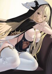 Rule 34 | 1girl, absurdres, azur lane, bare shoulders, blonde hair, breast cutout, breasts, cleavage, fake horns, from side, habit, hair between eyes, highres, horns, implacable (azur lane), kawa tamago, large breasts, long bangs, long hair, looking at viewer, nun, pelvic curtain, red eyes, revealing clothes, simple background, skindentation, solo, thighhighs, two-tone dress, veil, very long hair, white background, white horns, white thighhighs