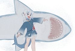 Rule 34 | 1girl, :d, absurdres, blue eyes, blue hoodie, commentary, english commentary, fins, fish tail, from side, gawr gura, highres, hololive, hololive english, hood, hood down, hoodie, multicolored hair, one side up, open mouth, pointing, shark, shark tail, sharp teeth, smile, solo, streaked hair, tail, teeth, twitter username, virtual youtuber, white hair, yoako