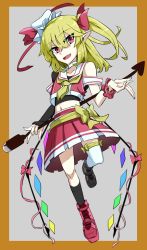 Rule 34 | 1girl, ascot, asymmetrical clothes, asymmetrical footwear, asymmetrical legwear, blonde hair, border, bow, clothing cutout, crop top, fang, flandre scarlet, gloves, grey background, hat, highres, idol, laevatein (touhou), looking at viewer, manekinekoppoi inu, microphone, midriff, mismatched footwear, mismatched legwear, navel, one side up, open mouth, pleated skirt, pointy ears, red eyes, red ribbon, red skirt, ribbon, shoes, shoulder cutout, single thighhigh, single wrist cuff, skin fang, skirt, solo, thighhighs, touhou, white thighhighs, wings, wrist cuffs, yellow ascot, yellow border, yellow bow