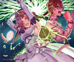 Rule 34 | 1boy, 1girl, :o, armpits, black-framed eyewear, blue eyes, breasts, brown hair, caules forvedge yggdmillennia, command spell, commentary request, dress, elbow gloves, electricity, fate/apocrypha, fate (series), flower, frankenstein&#039;s monster (fate), glasses, gloves, hair over eyes, hair over one eye, headgear, holding, holding weapon, horns, jacket, mace, medium breasts, pink hair, shiroi yuumi, short hair, shouting, single horn, sleeveless, sleeveless dress, veil, weapon, white dress, white gloves, white jacket