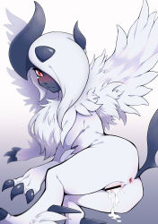 Rule 34 | 1girl, absol, aftersex, animal feet, animal focus, animal hands, anus, ass, asymmetrical bangs, bar censor, blush, body fur, bright pupils, censored, claws, closed mouth, creatures (company), cum, cum in pussy, cumdrip, feathered wings, female focus, from behind, furry, furry female, game freak, gen 3 pokemon, hair over one eye, highres, horns, legs, long hair, looking at viewer, looking back, lying, maki (letusgomaki), mega absol, mega pokemon, neck fur, nintendo, no humans, nose blush, on side, one eye covered, partially visible vulva, pokemon, pokemon (creature), red eyes, simple background, solo, sweat, tail, tears, thighs, wavy mouth, white background, white fur, white hair, white pupils, white wings, wings
