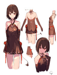 Rule 34 | 1girl, arms at sides, artist name, backless dress, backless outfit, black dress, brown hair, choker, closed mouth, cropped legs, detached sleeves, dress, enj!, finger to mouth, halterneck, hand up, index finger raised, licking, licking finger, looking at viewer, multiple views, original, red eyes, short hair, signature, simple background, sketch, smile, tail, white background