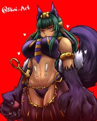 Rule 34 | absurdres, animal ear fluff, animal ears, animal hands, anubis (monster girl encyclopedia), breasts, crotch cutout, dark-skinned female, dark skin, dog ears, dog tail, highres, looking at viewer, medium breasts, monster girl encyclopedia, red background, red eyes, revealing clothes, simple background, skai art, slit pupils, sword, tail, tattoo, watermark, weapon