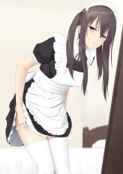 Rule 34 | 1girl, apron, bed, black eyes, black hair, blush, highres, john (kakurenbo), leaning forward, looking at viewer, maid, maid apron, maid headdress, mirror, open mouth, original, panties, panty pull, reflection, sidelocks, solo, thighhighs, twintails, underwear, undressing, white panties, white thighhighs